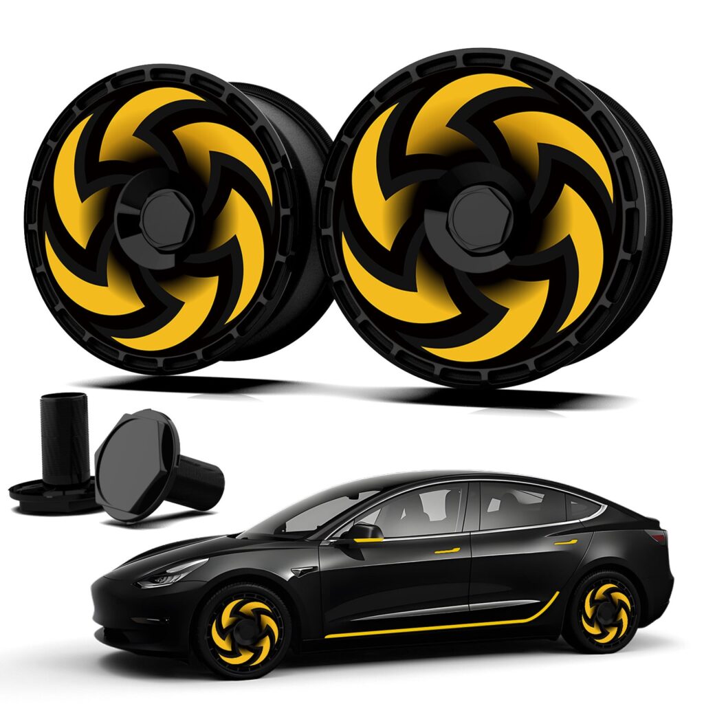 How long do tesla wheel covers last - yellow and black turbine style Tesla wheel covers fitted on a black Model 3