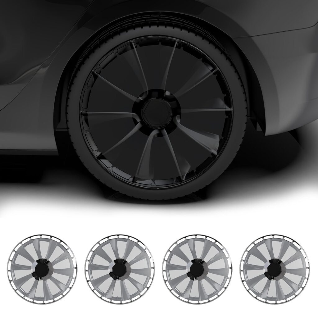 Tesla Model 3 Highland wheel covers in a black turbine style, fitted on a dark Model 3 wheel