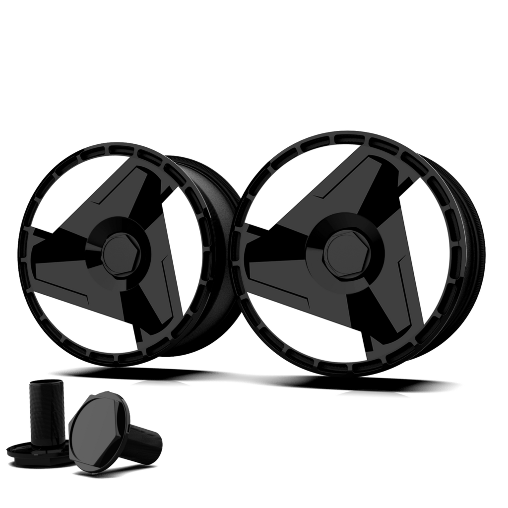 Tesla wheel cover material comparison showing black alloy wheel covers