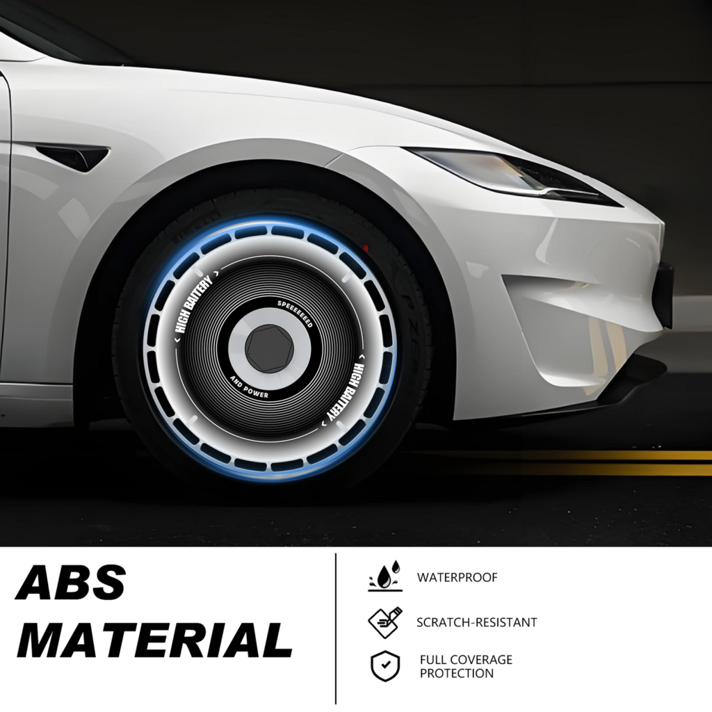 Are Tesla wheel covers universal? A dark grey Model Y fitted with model-specific aftermarket turbine wheel covers