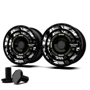 Tesla wheel cover on alloy rim showing protective forged design